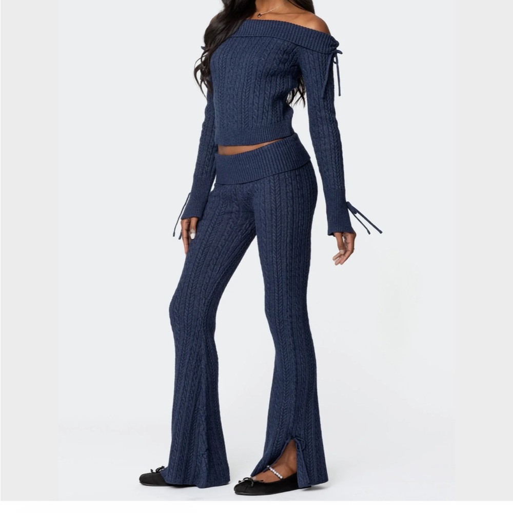 Edikted Cable Knit Sweater & Flare Pants Set in Navy